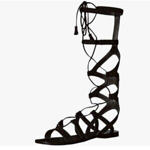 YDN Black Sexy Knee High Lace up Flats Fringe Low Heel Gladiator Strap Sandals